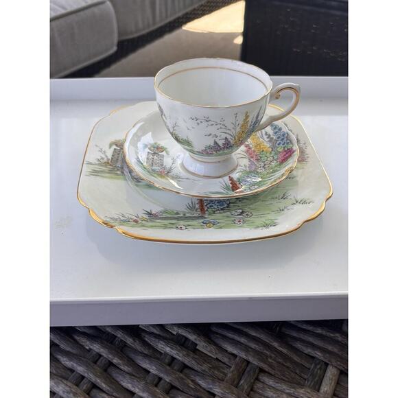 Vintage Plant Tuscan Bone China “Hollyhock” Teacup Saucer Dessert Plate Set - Picture 5 of 7